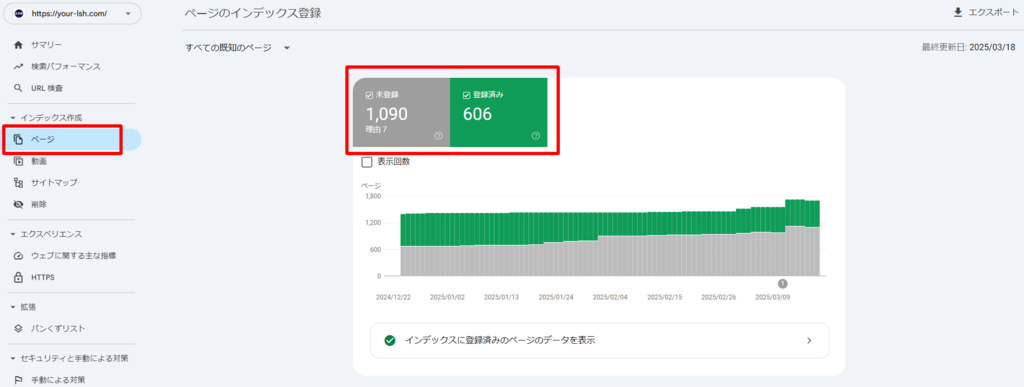 Googleサーチコンソール　ページのインデックス登録のスクリーンショット